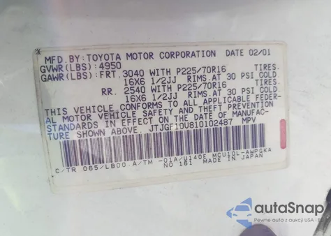 2001 Lexus Rx 300 z USA, uszkodzony, nr VIN JTJGF10U810102487